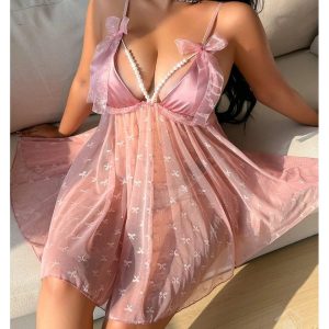 Nuisette Babydoll Rose Poudré Imprimée Nœuds & Chaîne de Perles